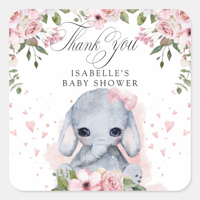 Pink Rose Elephant Babydusche Danke Quadratischer Aufkleber (Vorderseite)