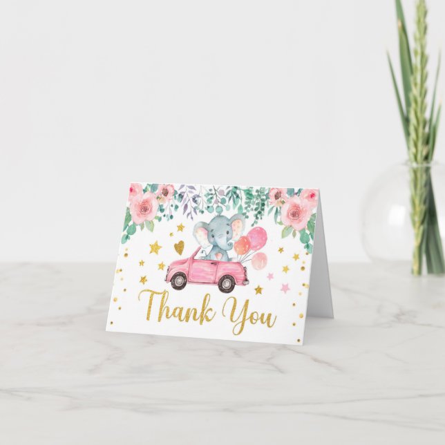 Pink Rose Elephant Drive Through Baby Showcar Dankeskarte (Vorderseite)