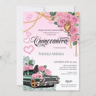 Pink Rose Emerald Green Lowrider Chicana Quince Einladung