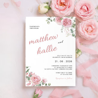 Pink Rose Eucalyptus Watercolor Wedding Invitation Einladung