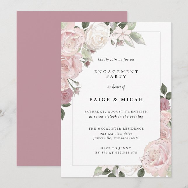 Pink Rose Floral Engagement Party Einladung (Vorne/Hinten)