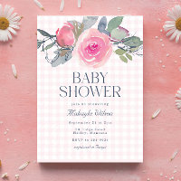 Pink Rose Floral Gingham Girl Baby Dusche