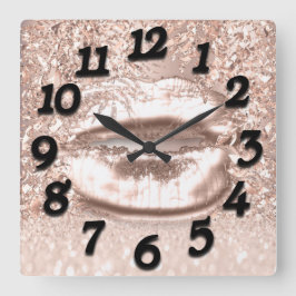 Pink Rose Floral Glitter Kiss Lips Numbers Beauty Quadratische Wanduhr