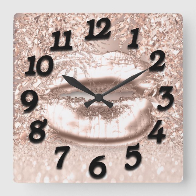 Pink Rose Floral Glitter Kiss Lips Numbers Beauty Quadratische Wanduhr (Vorderseite)