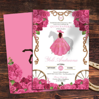 Pink Rose Floral Western Charra Quinceañera Einladung