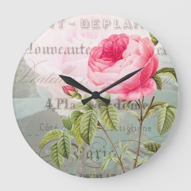 Pink Rose French Accent Clock Große Wanduhr (Vorderseite)