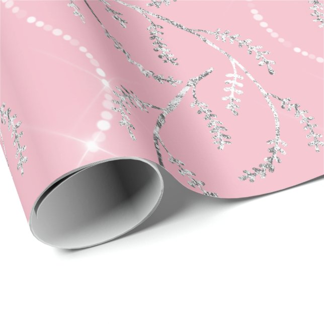 Pink Rose Funkelnd Laurel Floral Silver Diamonds Geschenkpapier (Rolleneckpunkt)