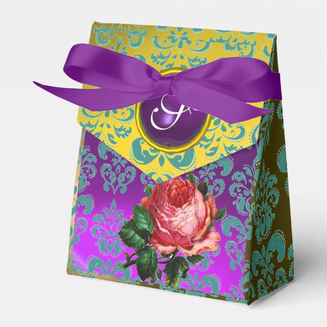 PINK ROSE, GELBE AQUAMARINER DAMASK, LILA GEM MONO GESCHENKSCHACHTEL (Vorderseite)