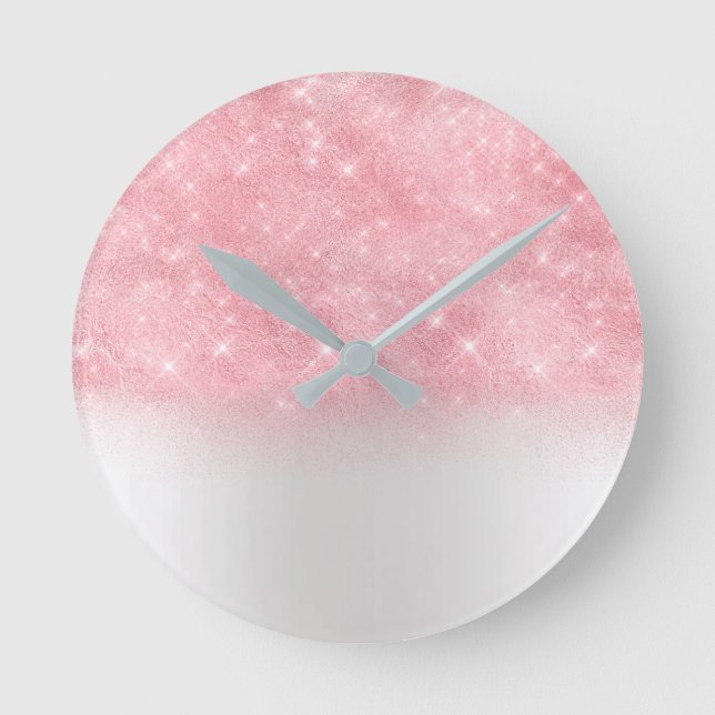 Pink Rose Glitter Metal Gray Silver Sparkly Abstra Runde Wanduhr (Vorderseite)