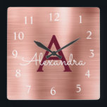 Pink Rose Gold Burgundy Metallic Monogram Name Quadratische Wanduhr<br><div class="desc">Blush Pink - Rose Gold and Burgundy Faux Stainless Steel Foil Monogram Name and Initial Serving Wall Clock. The Wall Clock makes the perfect gift for someone who loves pink metallic decor.</div>