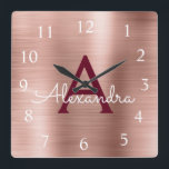 Pink Rose Gold Burgundy Metallic Monogram Name Quadratische Wanduhr<br><div class="desc">Blush Pink - Rose Gold and Burgundy Faux Stainless Steel Foil Monogram Name and Initial Serving Wall Clock. The Wall Clock makes the perfect gift for someone who loves pink metallic decor.</div>
