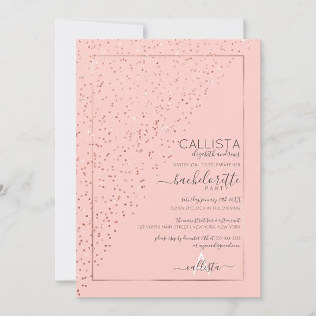 Pink Rose Gold Diagonal Confetti Bachelorette Einladung (Vorderseite)