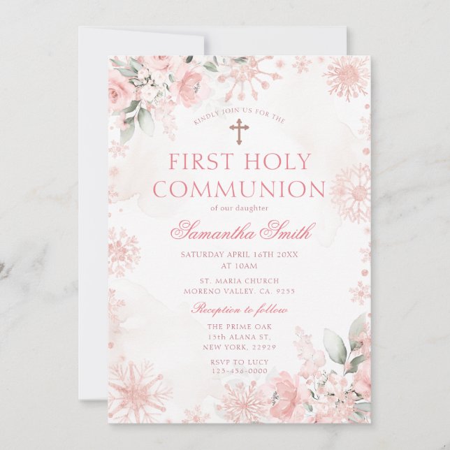 Pink Rose Gold Floral Winter First Holy Communion Einladung (Vorderseite)