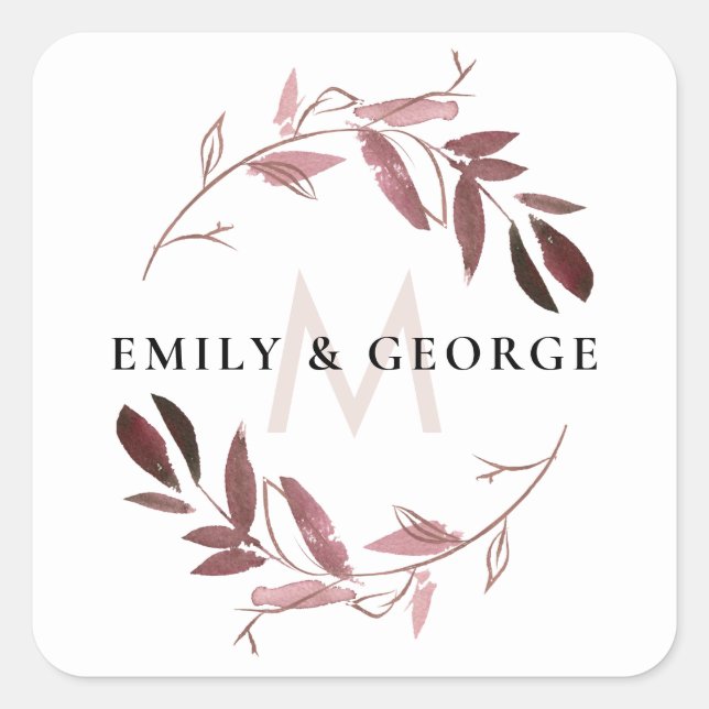 PINK ROSE GOLD FOLIAGE MONOGRAM WREATH WEDH QUADRATISCHER AUFKLEBER (Vorderseite)