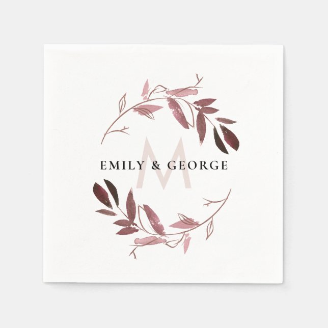 PINK ROSE GOLD FOLIAGE WREATH MONOGRAM WEDD SERVIETTE (Vorderseite)