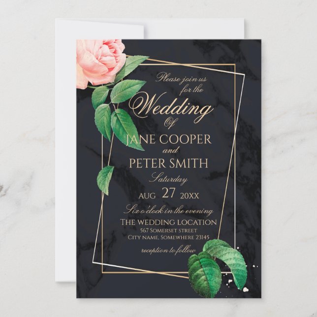 Pink rose & gold frame floral Wedding Invitation Einladung (Vorderseite)