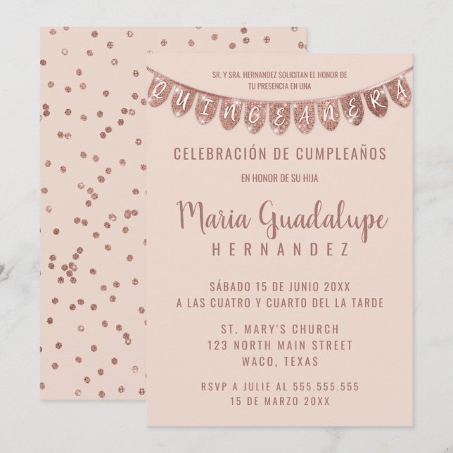 Pink Rose Gold Glitter Banner Español Quinceañera Einladung (Vorne/Hinten)