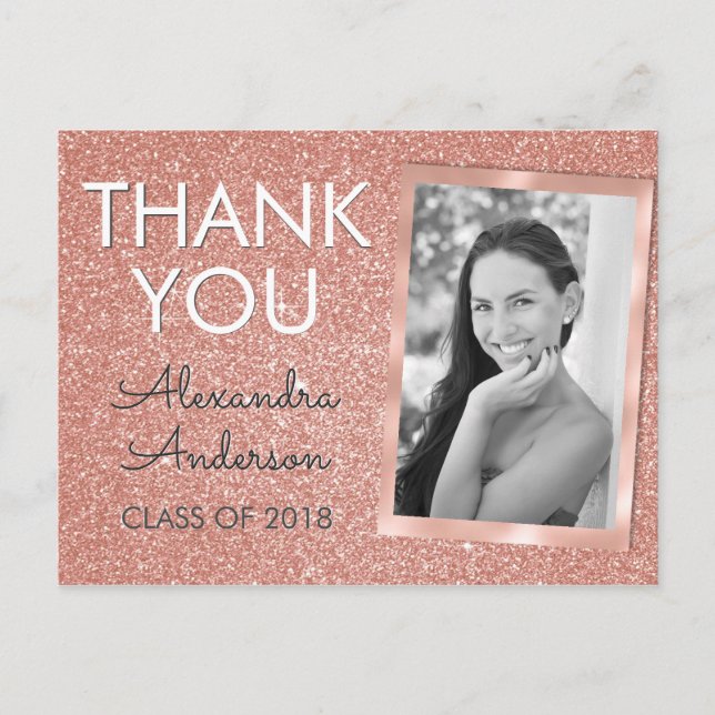 Pink Rose Gold Glitzer Abschluss Vielen Dank Postkarte (Vorderseite)