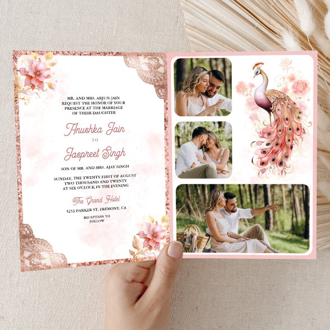 Pink Rose Gold Lace Floral Indian Peacock Wedding Einladung (Von Creator hochgeladen)