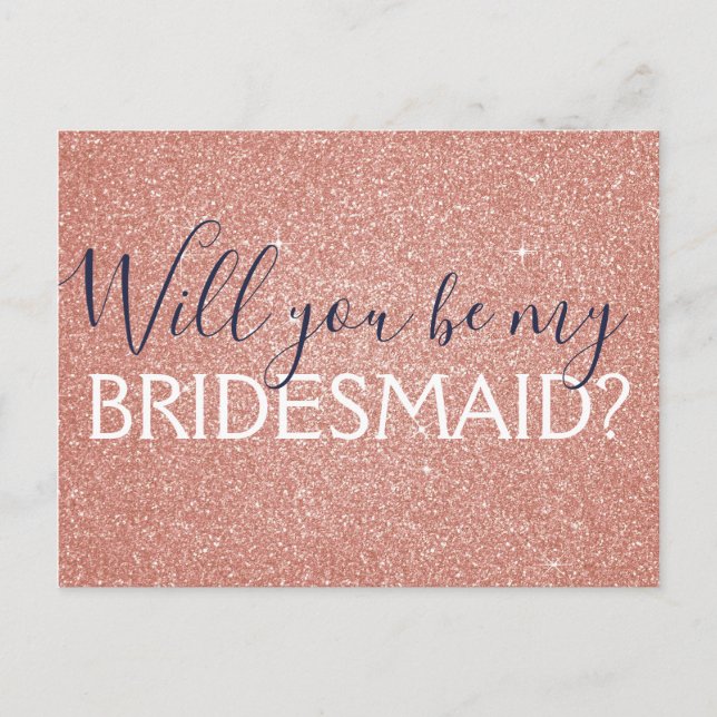 Pink Rose Gold Navy Blue Glitzer Bridesmaid Einladungspostkarte (Vorderseite)
