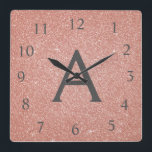Pink - Rose Gold Sparkle Glitter Monogram Name Quadratische Wanduhr<br><div class="desc">Blush Pink - Rose Gold and Charcoal Grey (gray) Sparkle Glitter Monogram Name and Initial Serving Wall Clock. The Wall Clock makes the perfect gift for someone who loves pink sparkle glitter and works in Microblading,  Eyelash Extensions (Lashes),  Hair Stylist,  Nail Salon,  Skin Care or Beauty Salon.</div>