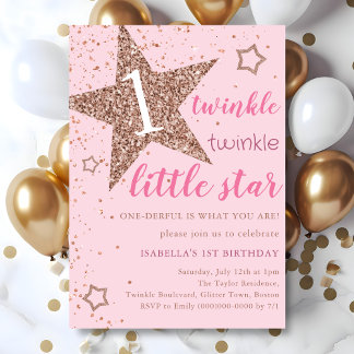 Pink & Rose Gold Twinkle Little Star 1. Geburtstag Einladung
