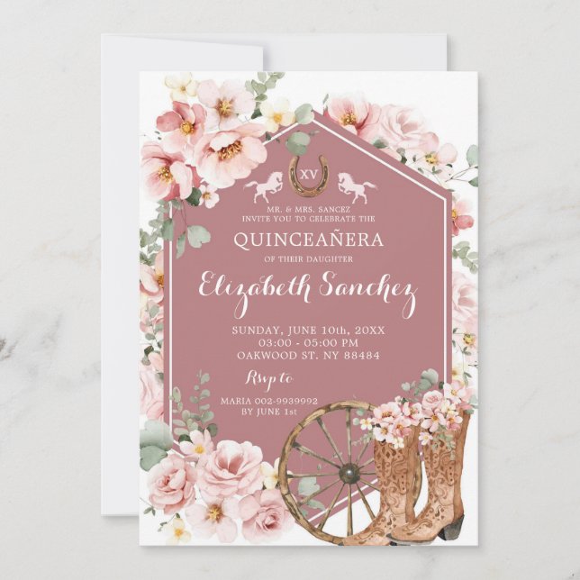 Pink Rose Gold Western Charra Quinceañera Einladung (Vorderseite)