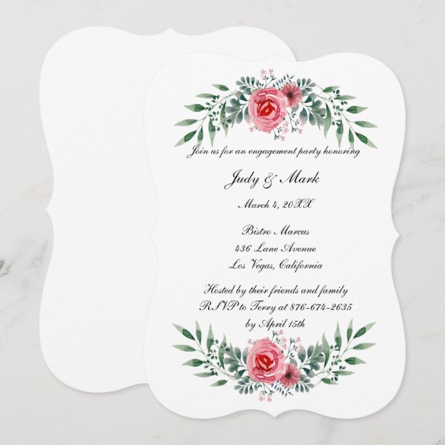 Pink Rose Green Foliage Engagement Party Einladung (Vorne/Hinten)