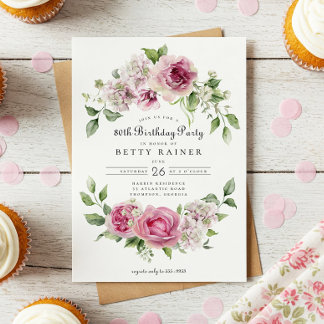 Pink Rose Grüne Blumenarche 80. Geburtstagsparty Einladung