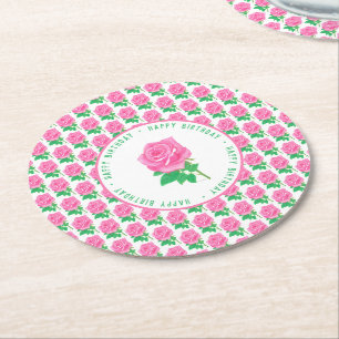 Pink Rose Happy Birthday Runder Pappuntersetzer
