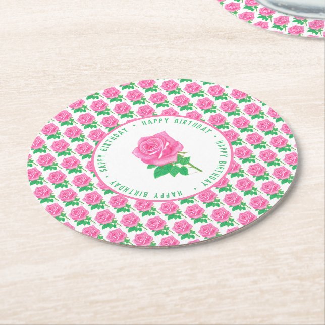 Pink Rose Happy Birthday Runder Pappuntersetzer (Angewinkelt)
