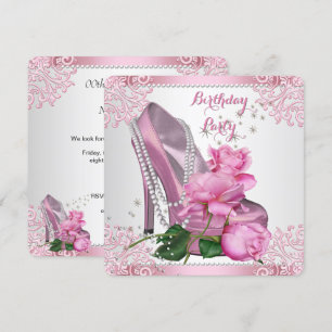 Pink Rose High Heel Lace Pearls Geburtstagsparty Einladung