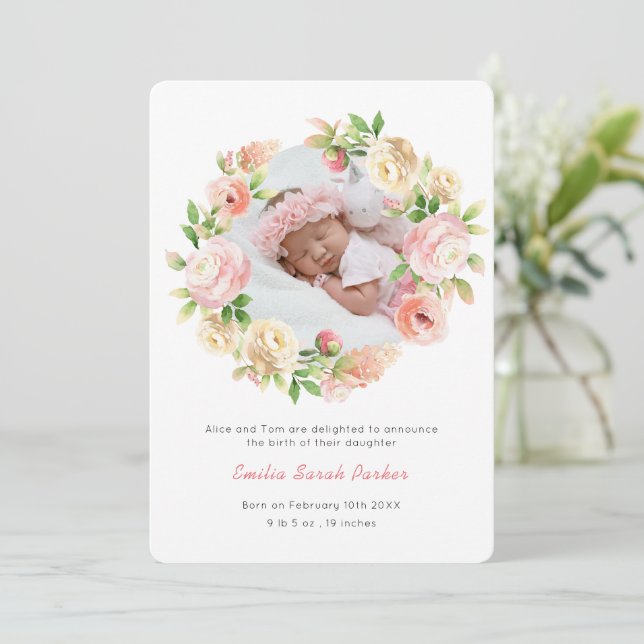 Pink Rose Lavender Wreath | Elegante Blumengeburt Ankündigung (Stehend Vorderseite)