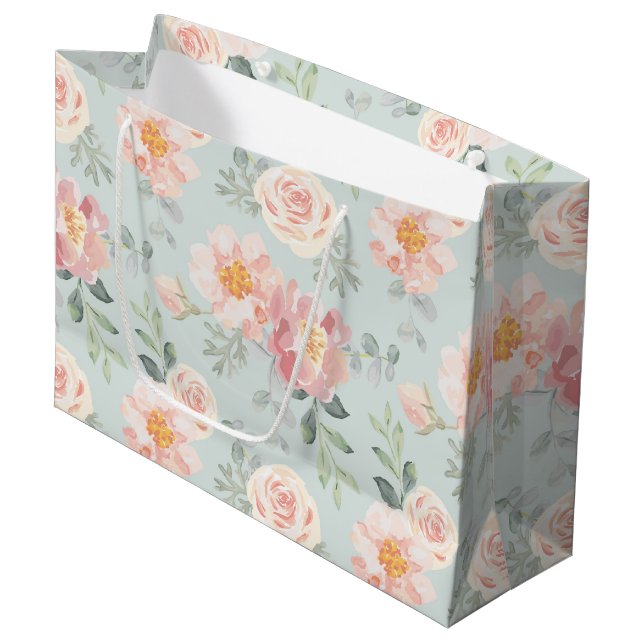 Pink Rose Pastel Garden Muster Große Geschenktüte (Vorderseite Schrägansicht)