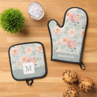Pink Rose Pastel Garden Muster Ofenhandschuh & Topflappen-Set