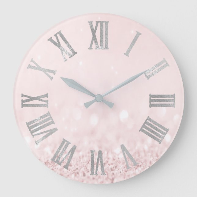 Pink Rose Pastel Powder Glitter Roman Numbers Große Wanduhr (Vorderseite)