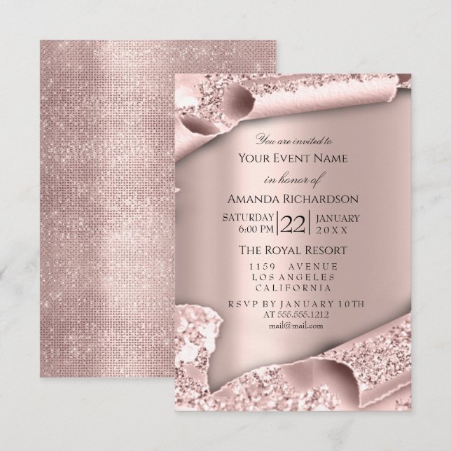 Pink Rose Pastel Pulver Funkelnd Glitzer Rose PINK Einladung (Vorne/Hinten)