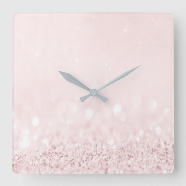 Pink Rose Pastel Pulver Glitzer Weiß Ombre Quadratische Wanduhr (Vorderseite)