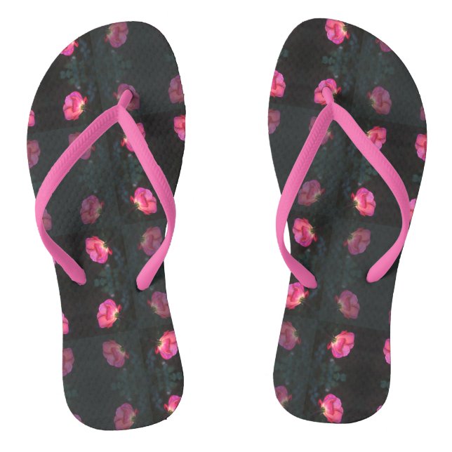 Pink Rose Pattern with Pink Strap Flip Flops (Fußbett)