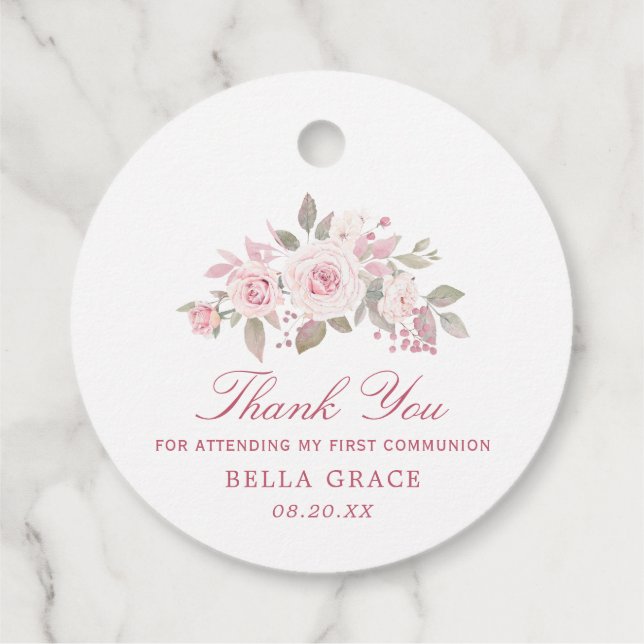 Pink Rose Peony First Communion Danke Geschenkanhänger (Rückseite)
