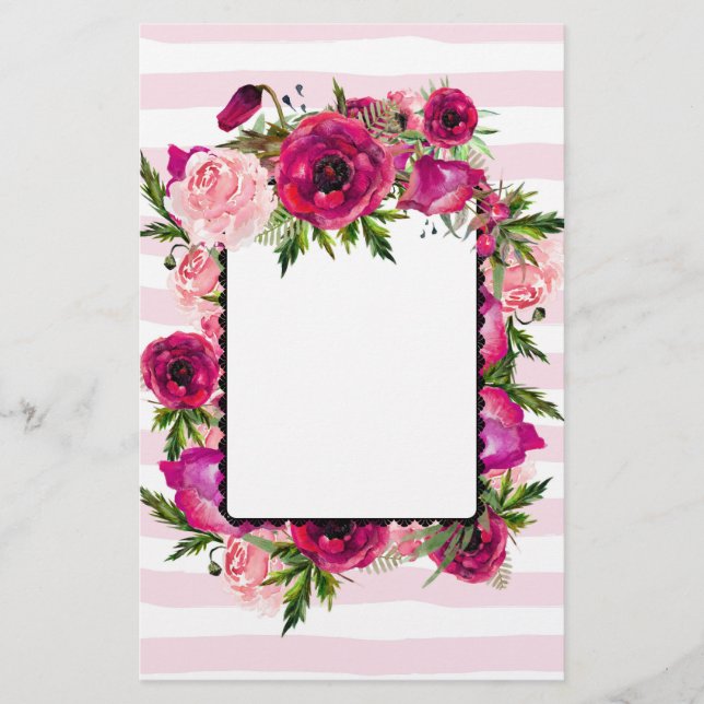 Pink Rose & Poppy Blumenstrauß auf rosa Streifen Briefpapier (Vorderseite)