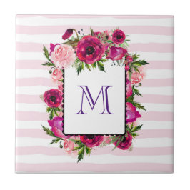 Pink Rose & Poppy Blumenstrauß auf rosa Streifen Fliese