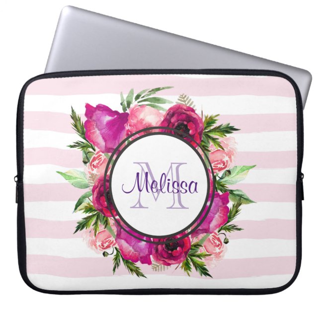 Pink Rose & Poppy Blumenstrauß auf rosa Streifen Laptopschutzhülle (Vorderseite)