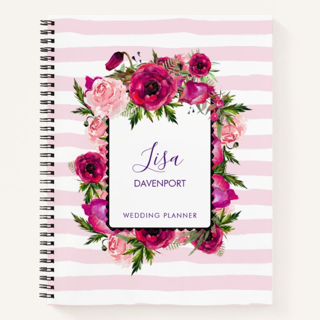 Pink Rose & Poppy Blumenstrauß auf rosa Streifen Notizbuch (Vorderseite)