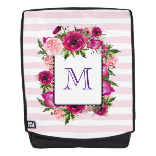 Pink Rose & Poppy Blumenstrauß auf rosa Streifen Rucksack