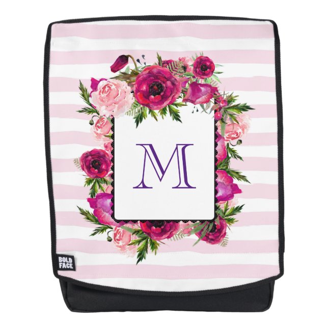 Pink Rose & Poppy Blumenstrauß auf rosa Streifen Rucksack (Vorderseite)