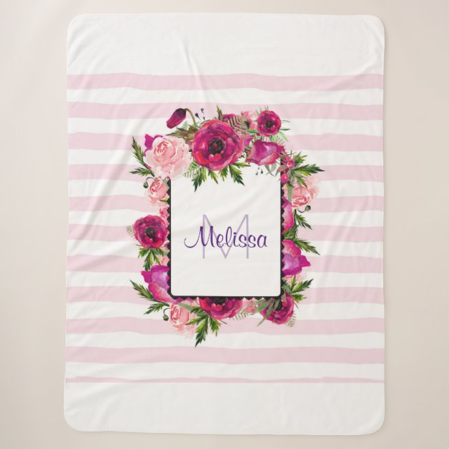 Pink Rose & Poppy Blumenstrauß auf rosa Streifen Sherpadecke (Vorderseite)
