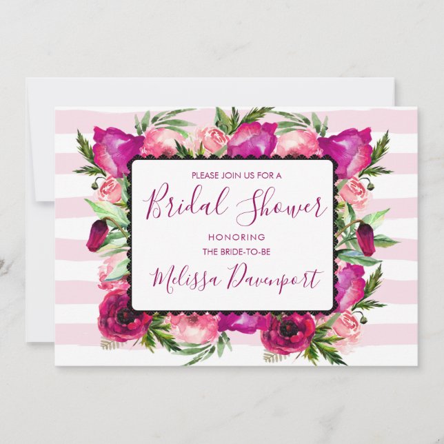 Pink Rose & Poppy Bouquet Brautparty Einladung (Vorderseite)