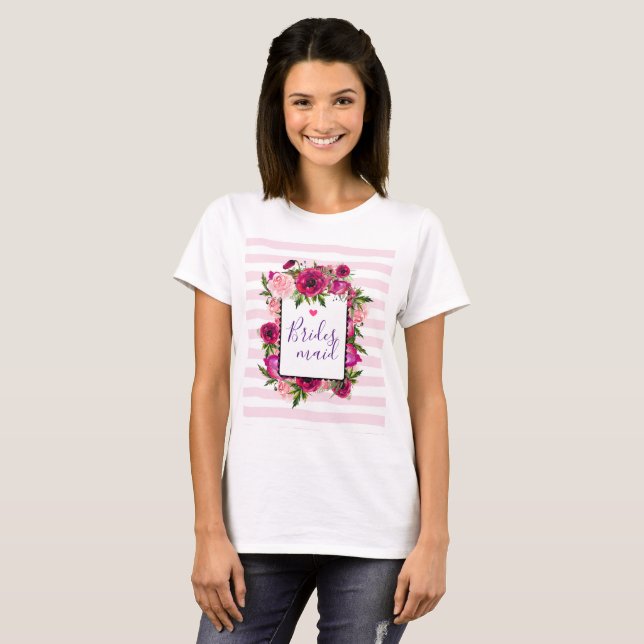 Pink Rose & Poppy Bouquet Bridesmaid T-Shirt (Vorne ganz)