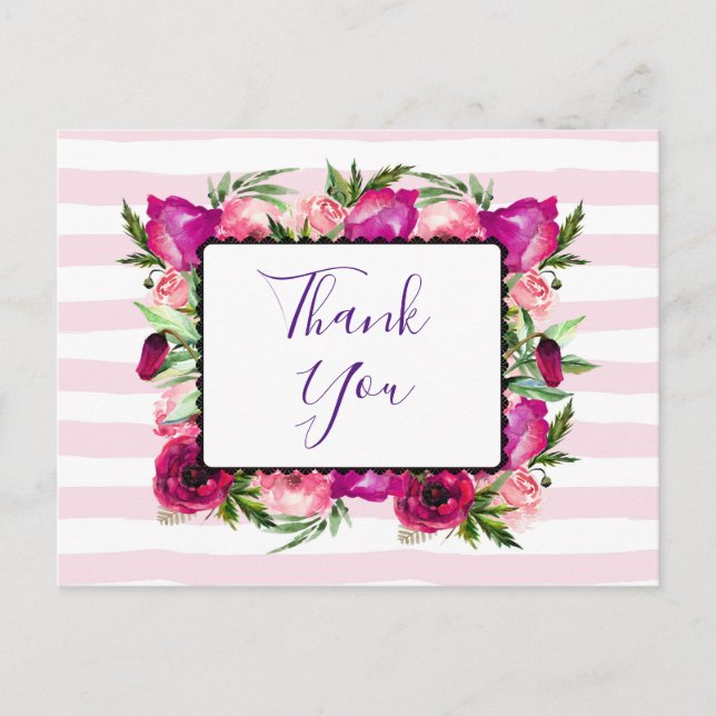 Pink Rose & Poppy Bouquet Party Dank Postkarte (Vorderseite)